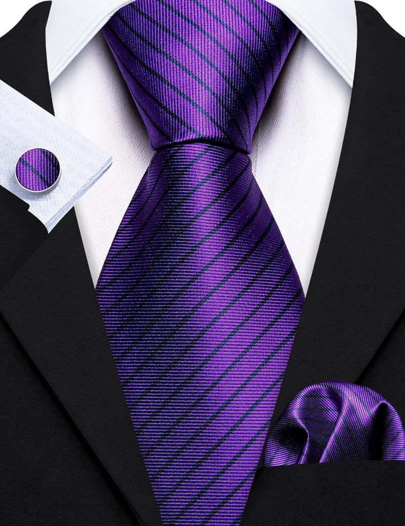 Barry.Wang Store Tie Sets for Men Silk Stripe Necktie Woven Checkered Handkerchief Cufflinks Formal Business Wedding - Image 4